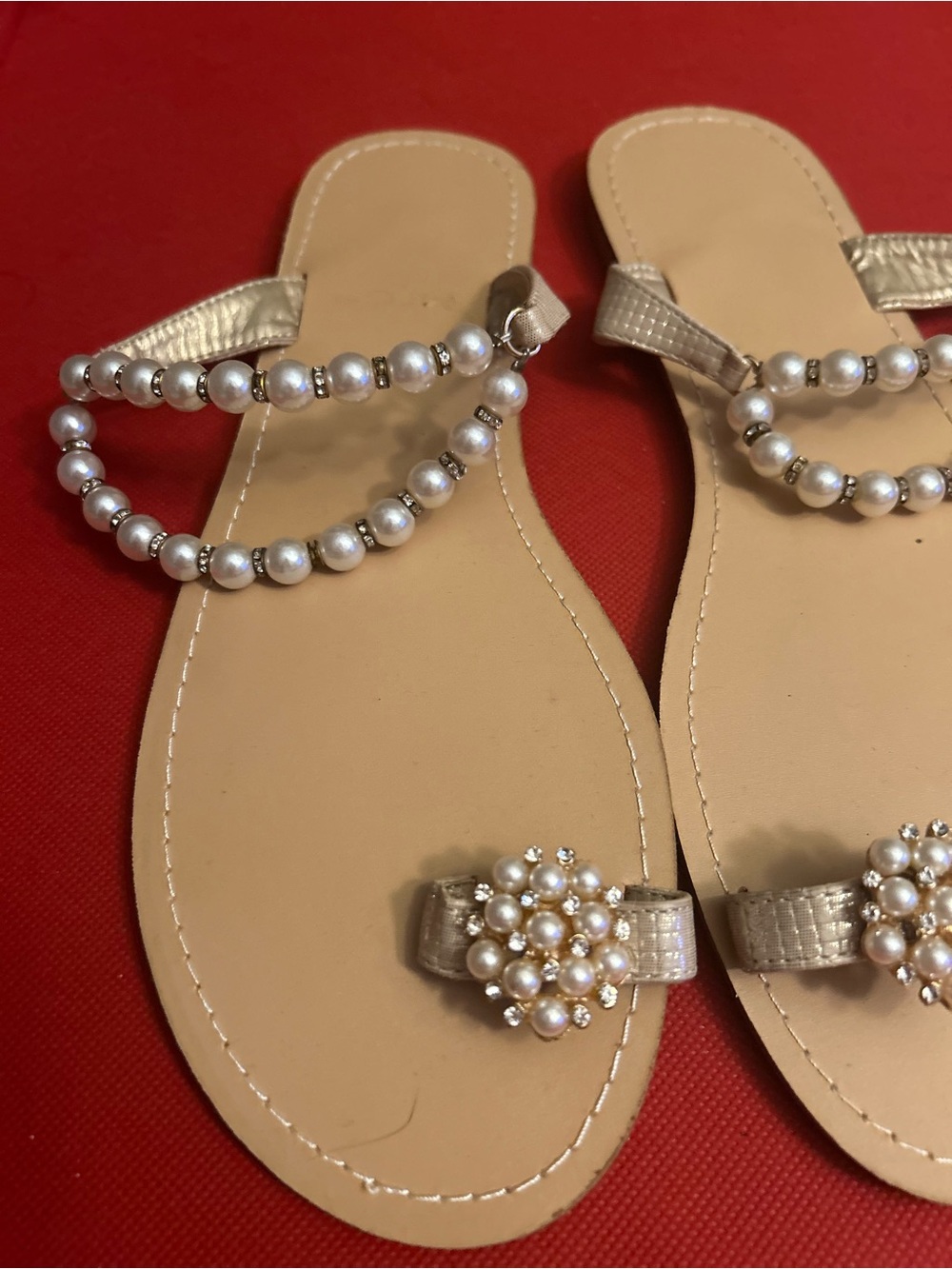 Pearl-Embellished Gold Women’s Flat Sandals